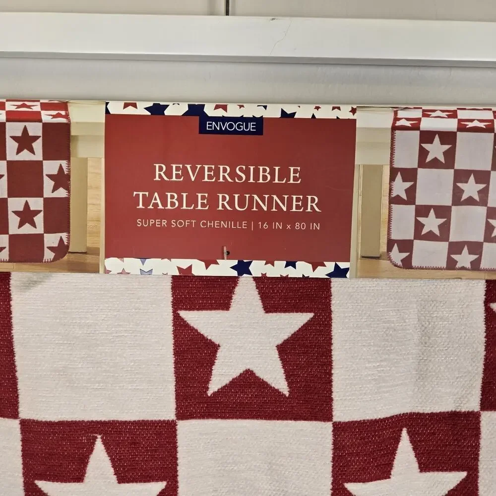 Table Runner USA Star Chenille Cloth Red White Patriotic 16x80